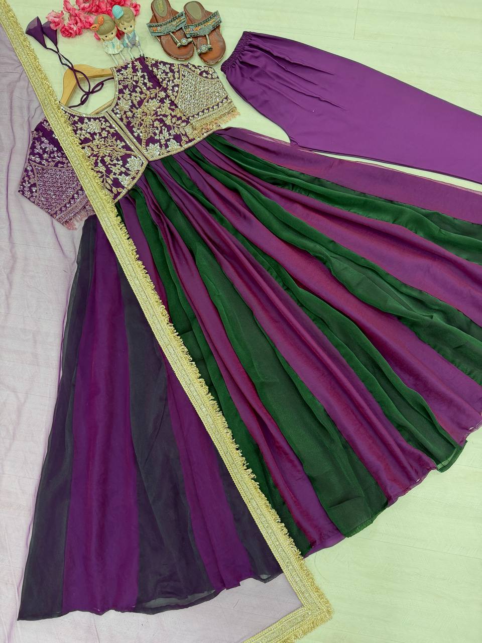 Purple & Bottle Green Ombre Moss Silk Embroidered Anarkali Gown Set