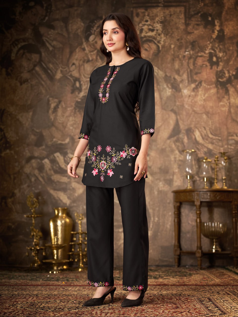 Black Heavy Rayon Floral Embroidered Co-Ord Set for Women