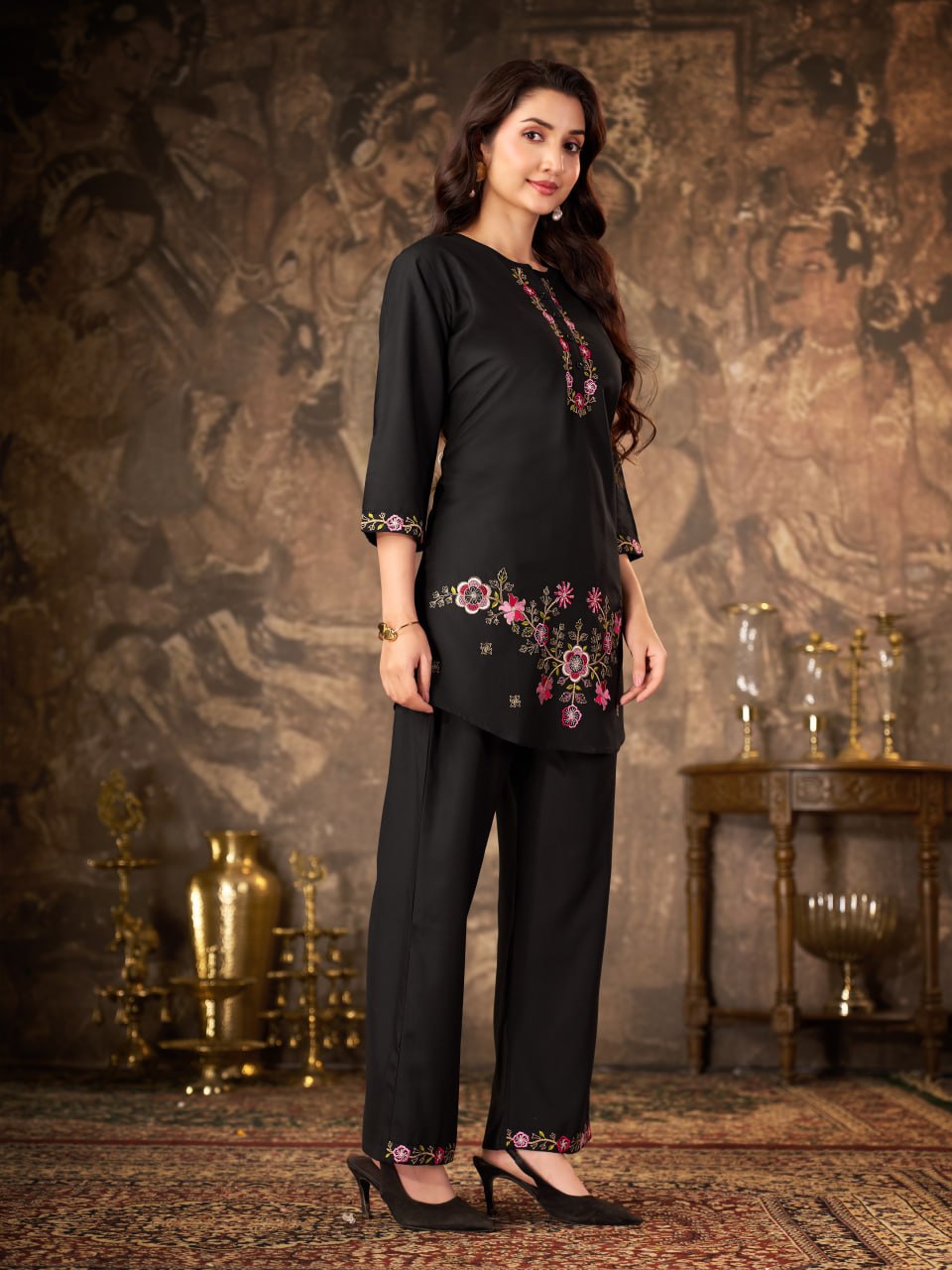 Black Heavy Rayon Floral Embroidered Co-Ord Set for Women