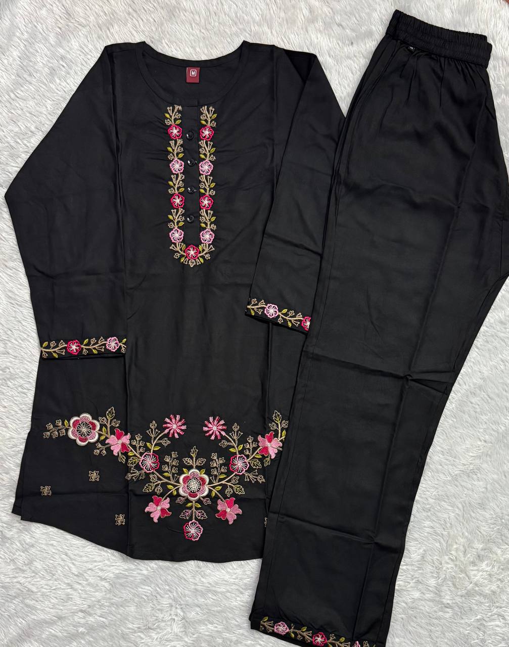 Black Heavy Rayon Floral Embroidered Co-Ord Set for Women