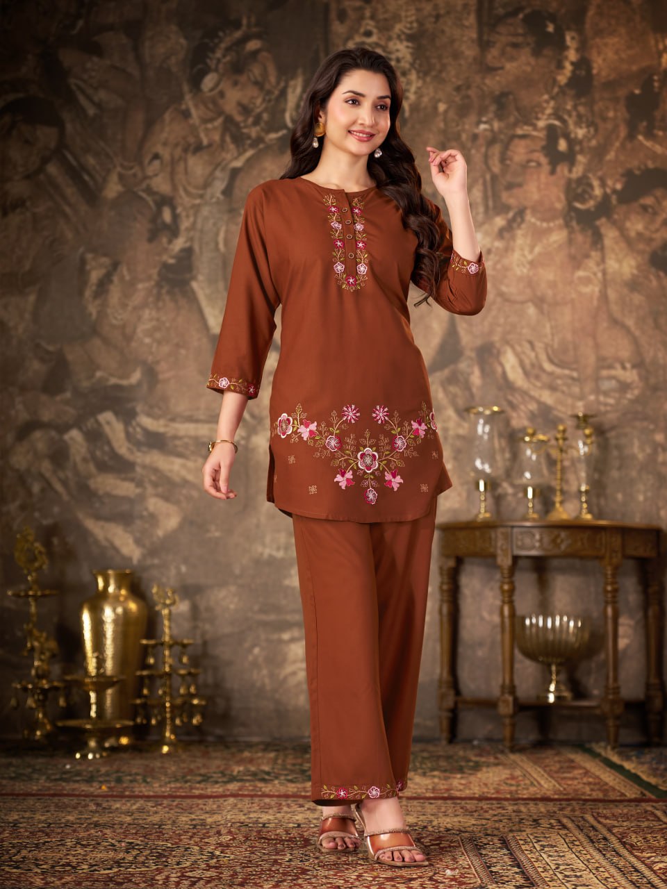 Rust Brown Heavy Rayon Floral Embroidered Co-Ord Set for Women