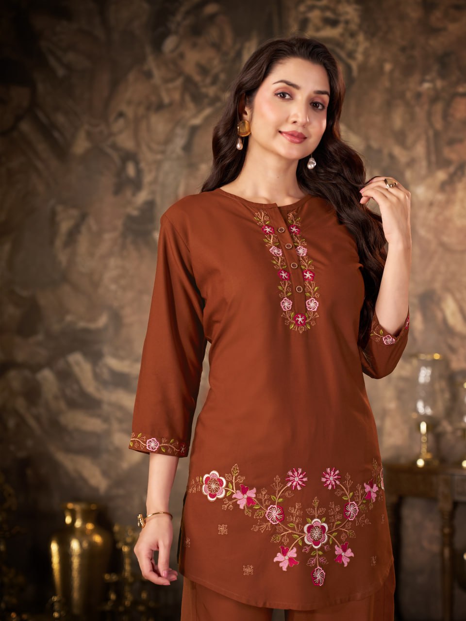 Rust Brown Heavy Rayon Floral Embroidered Co-Ord Set for Women
