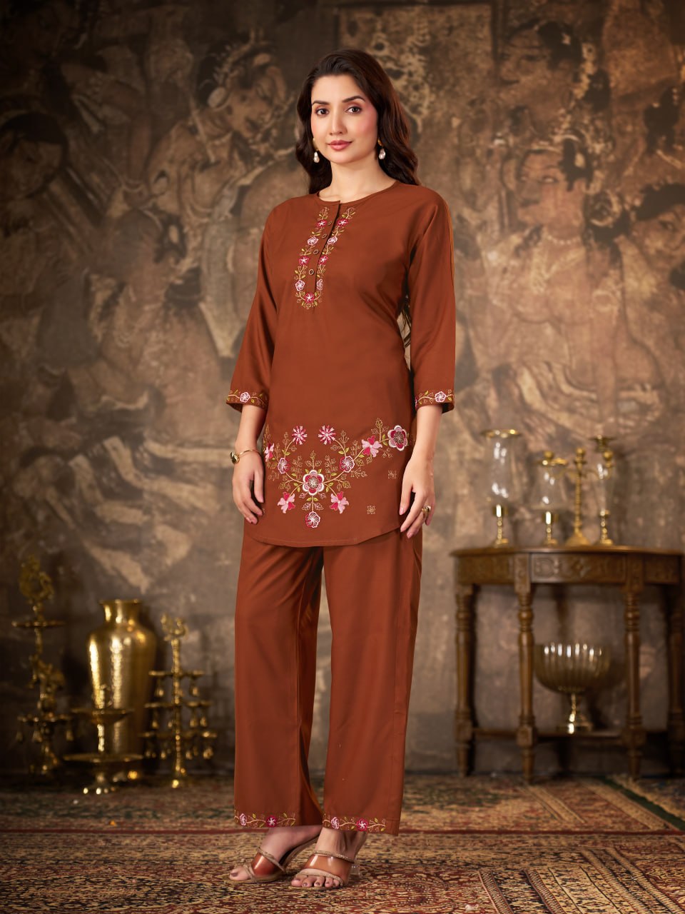 Rust Brown Heavy Rayon Floral Embroidered Co-Ord Set for Women