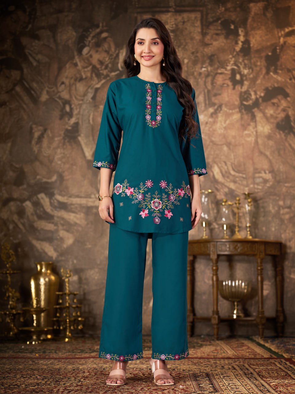 Teal Blue Heavy Rayon Floral Embroidered Co-Ord Set for Women