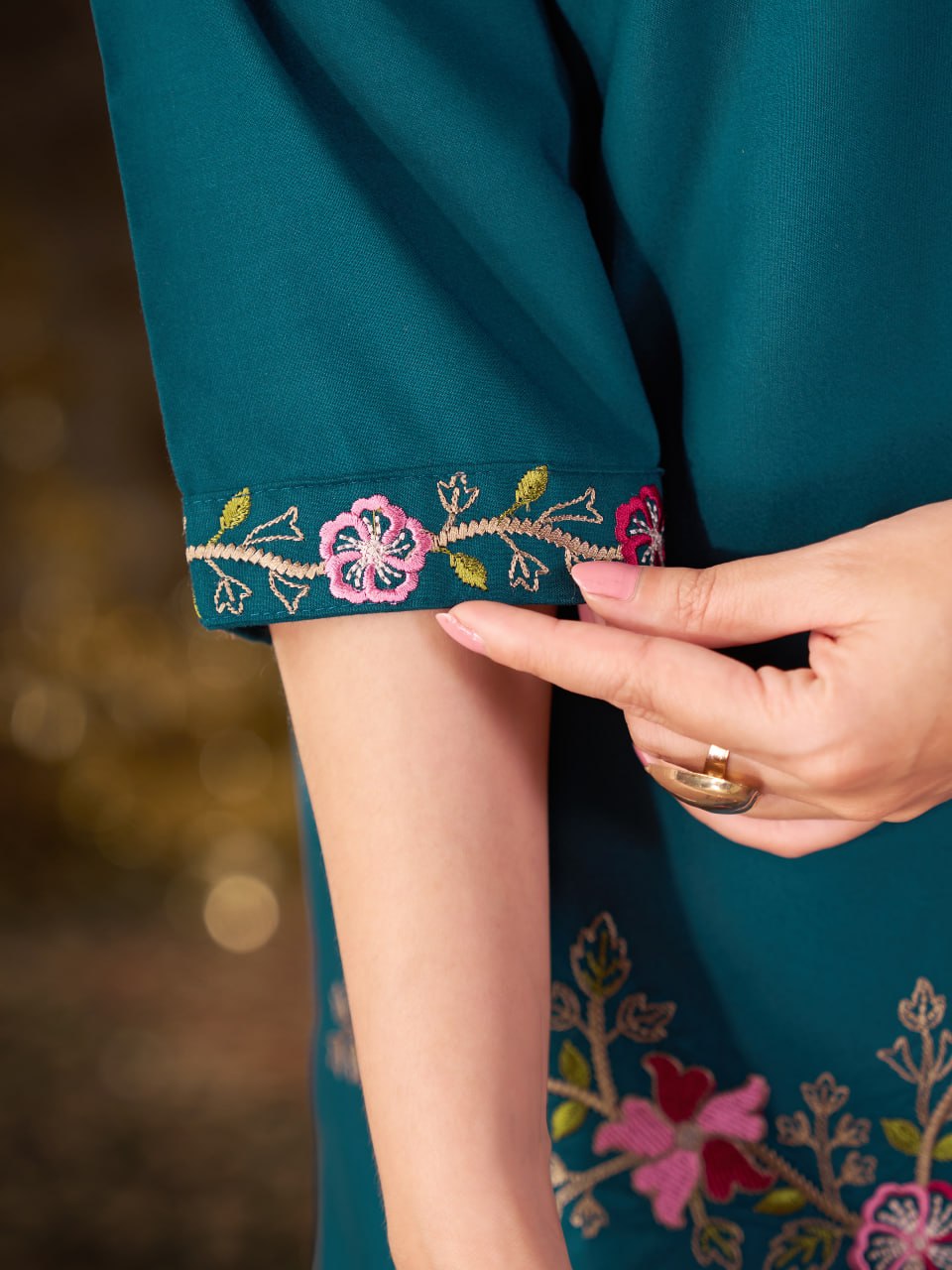 Teal Blue Heavy Rayon Floral Embroidered Co-Ord Set for Women