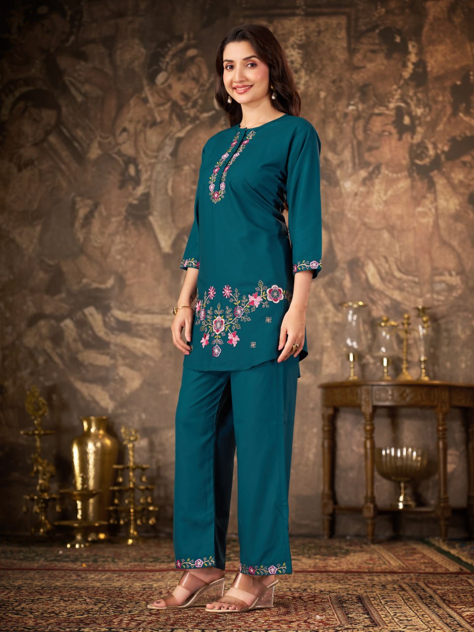 Teal Blue Heavy Rayon Floral Embroidered Co-Ord Set for Women