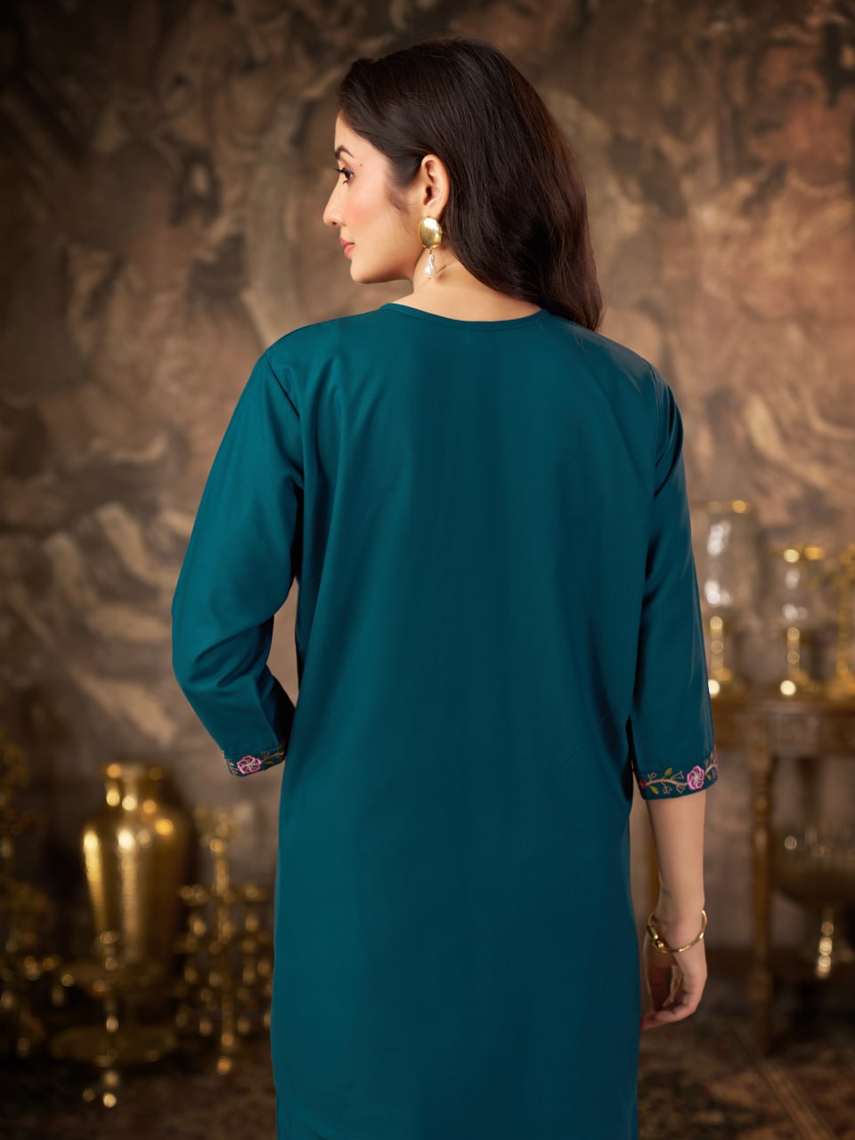 Teal Blue Heavy Rayon Floral Embroidered Co-Ord Set for Women