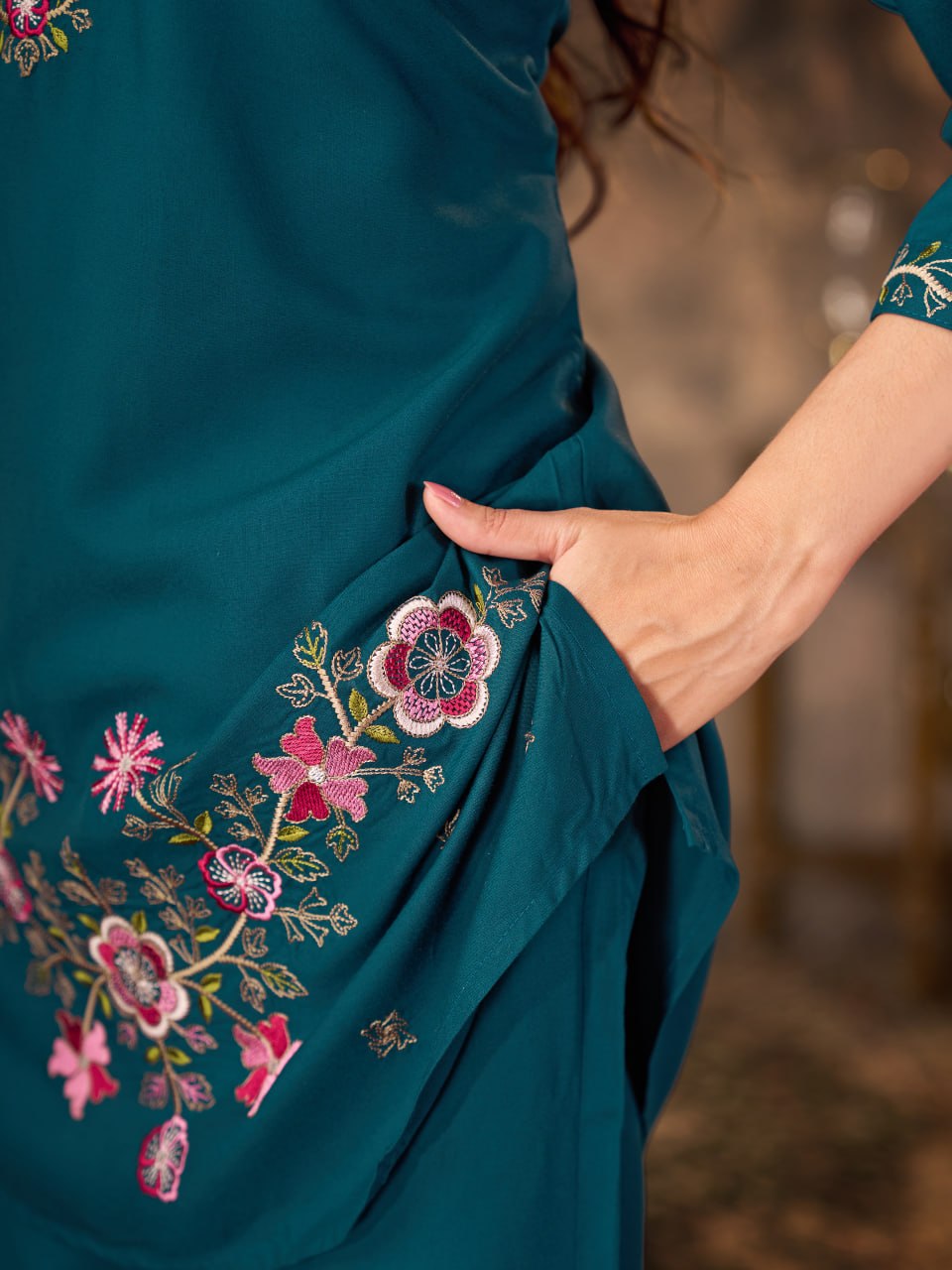 Teal Blue Heavy Rayon Floral Embroidered Co-Ord Set for Women