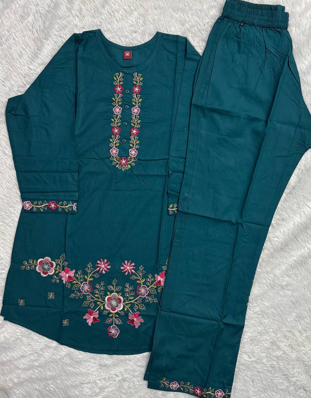Teal Blue Heavy Rayon Floral Embroidered Co-Ord Set for Women