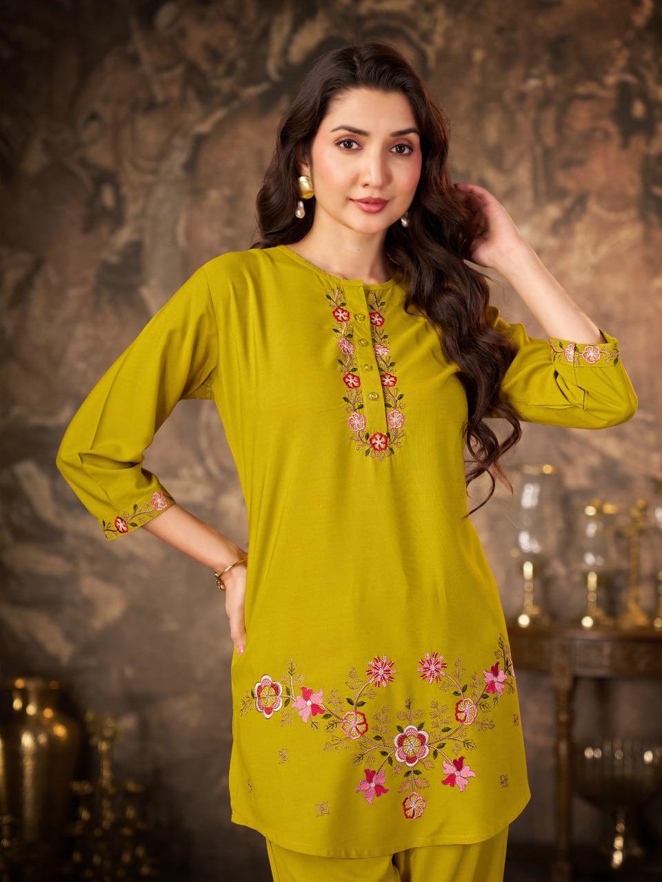Olive Green Heavy Rayon Floral Embroidered Co-Ord Set for Women
