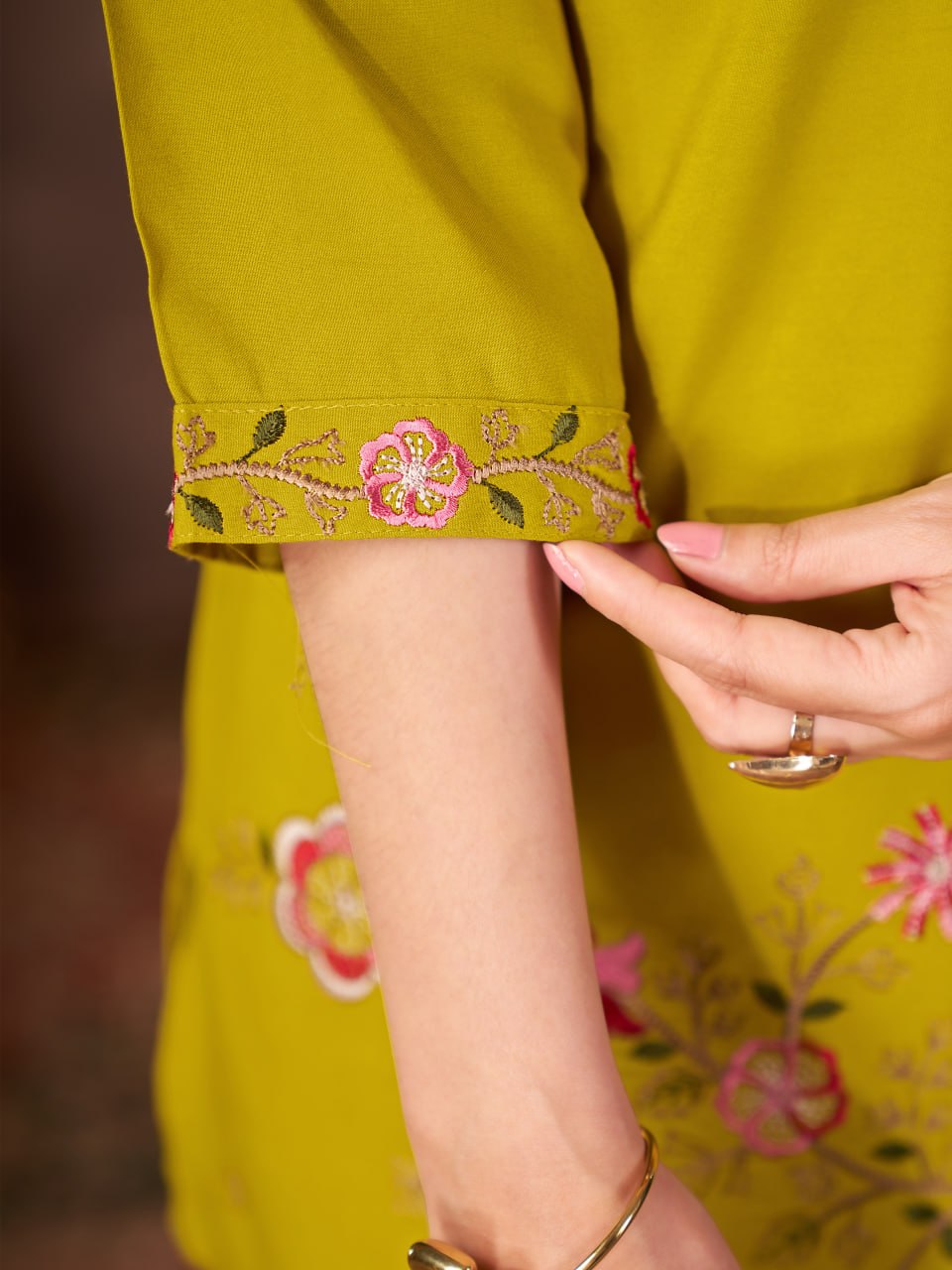 Olive Green Heavy Rayon Floral Embroidered Co-Ord Set for Women