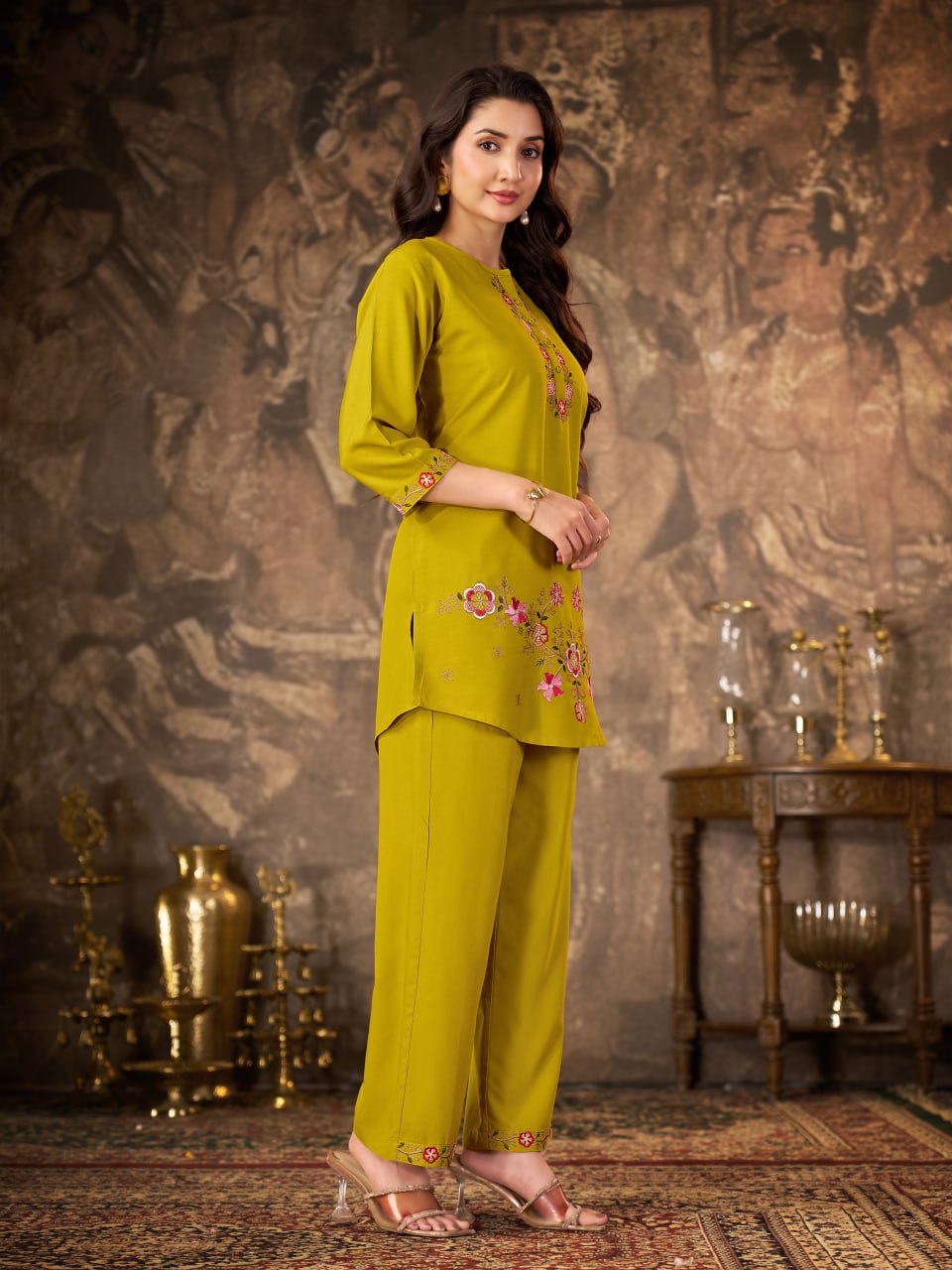 Olive Green Heavy Rayon Floral Embroidered Co-Ord Set for Women
