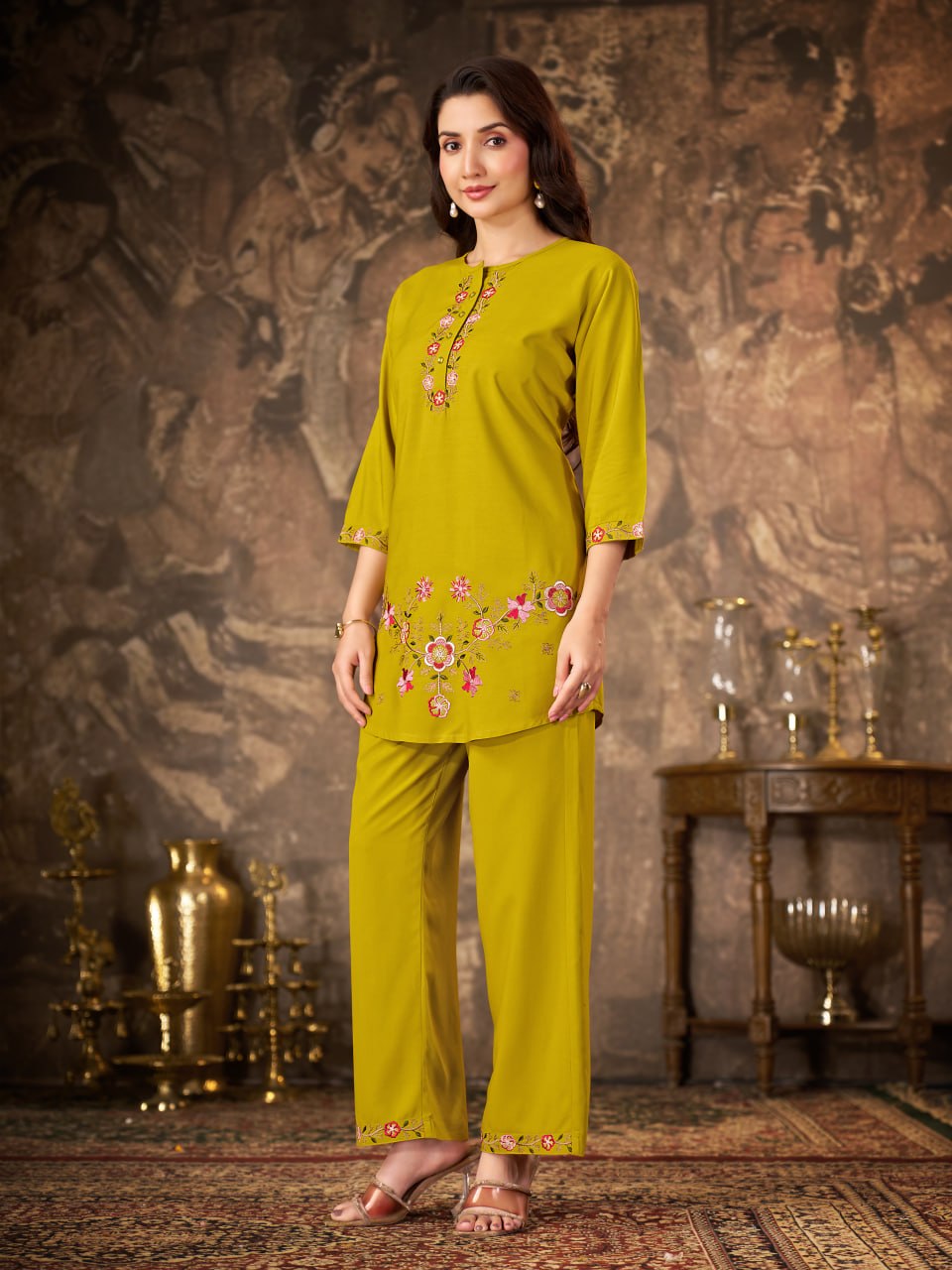 Olive Green Heavy Rayon Floral Embroidered Co-Ord Set for Women