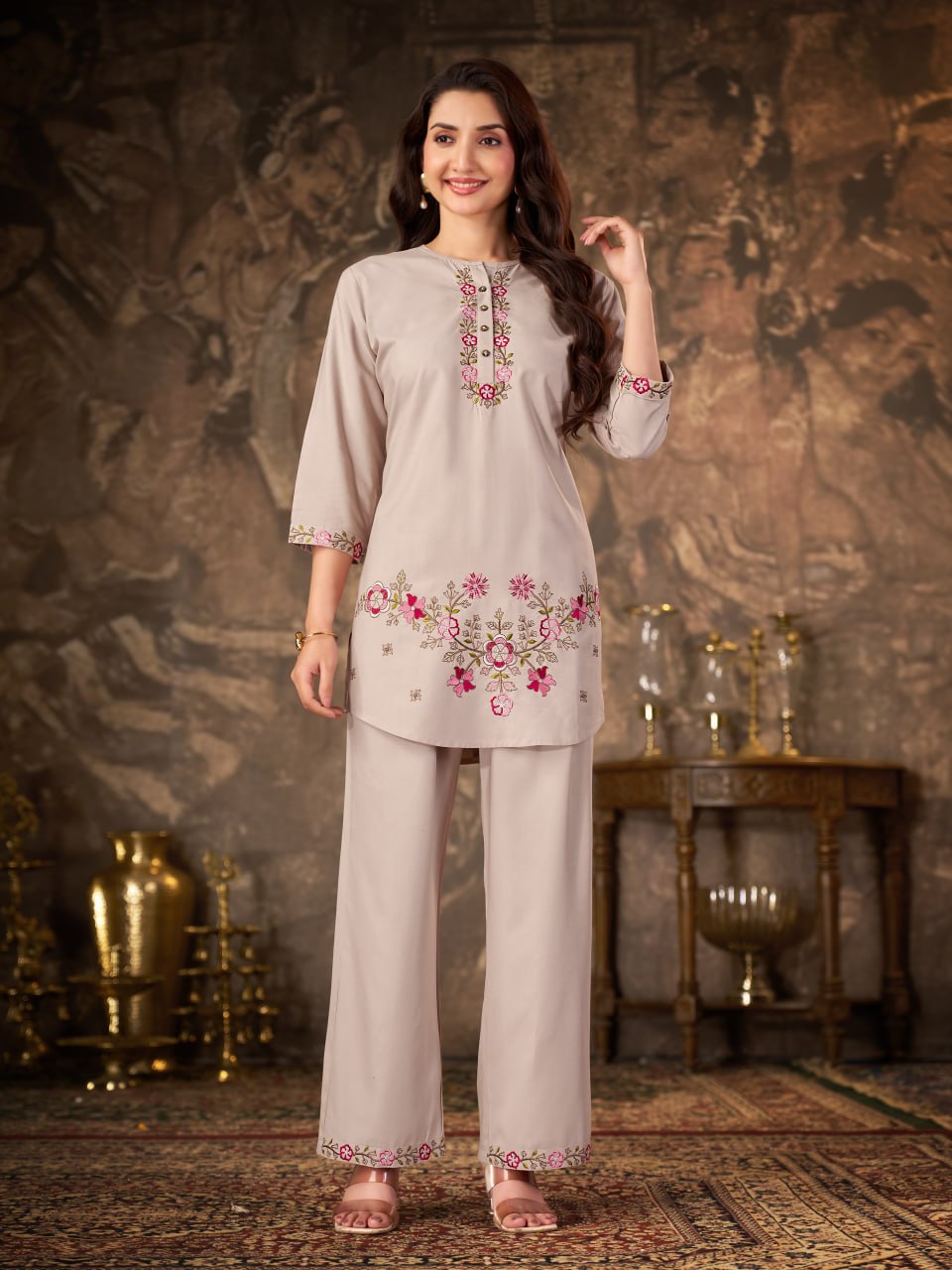 Beige Heavy Rayon Floral Embroidered Co-Ord Set for Women