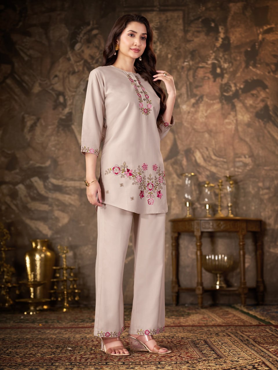 Beige Heavy Rayon Floral Embroidered Co-Ord Set for Women
