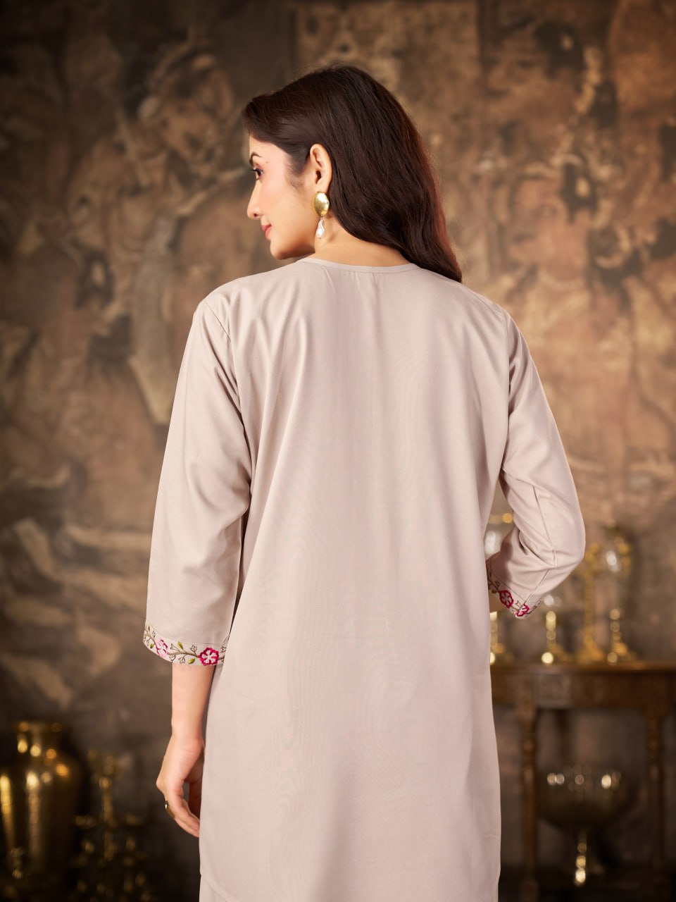 Beige Heavy Rayon Floral Embroidered Co-Ord Set for Women