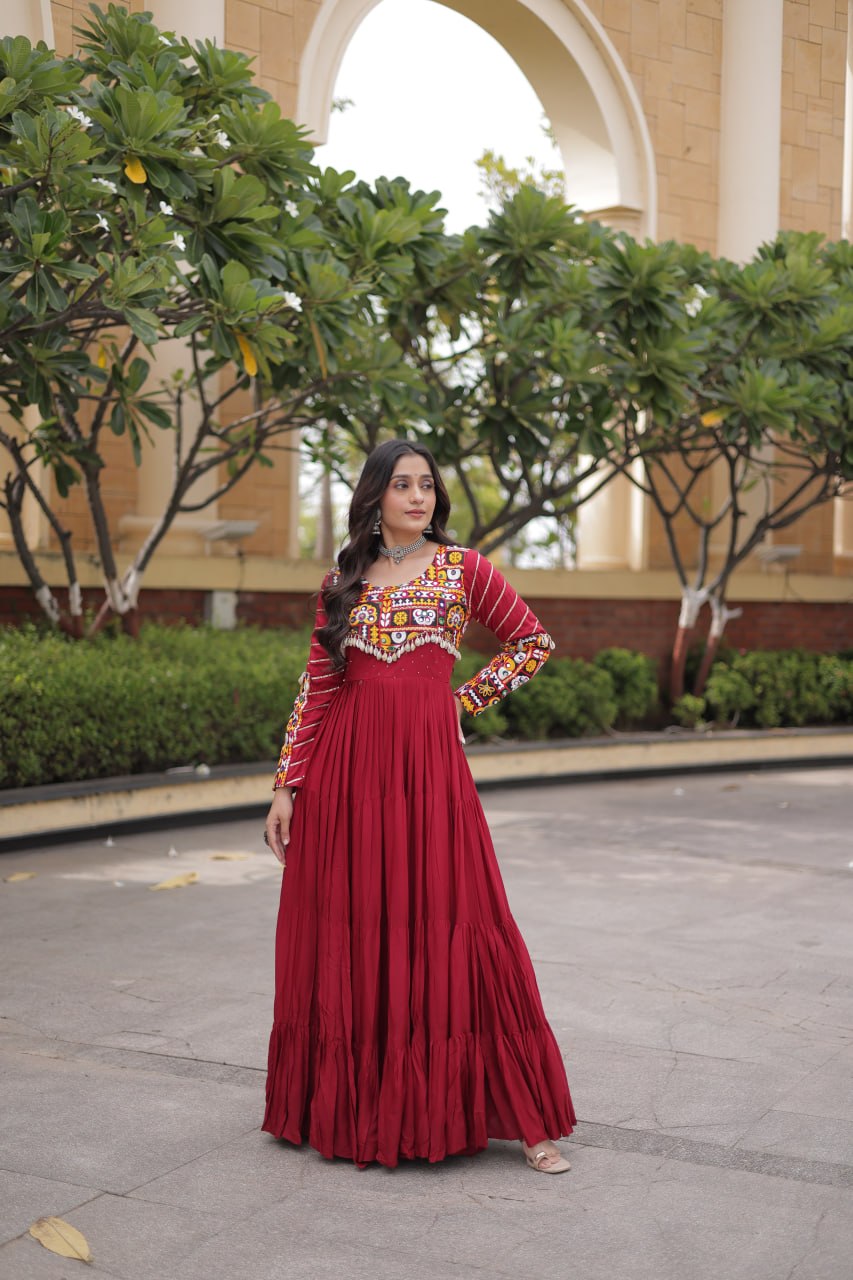Maroon Gamthi Embroidered Reyon Flared Gown