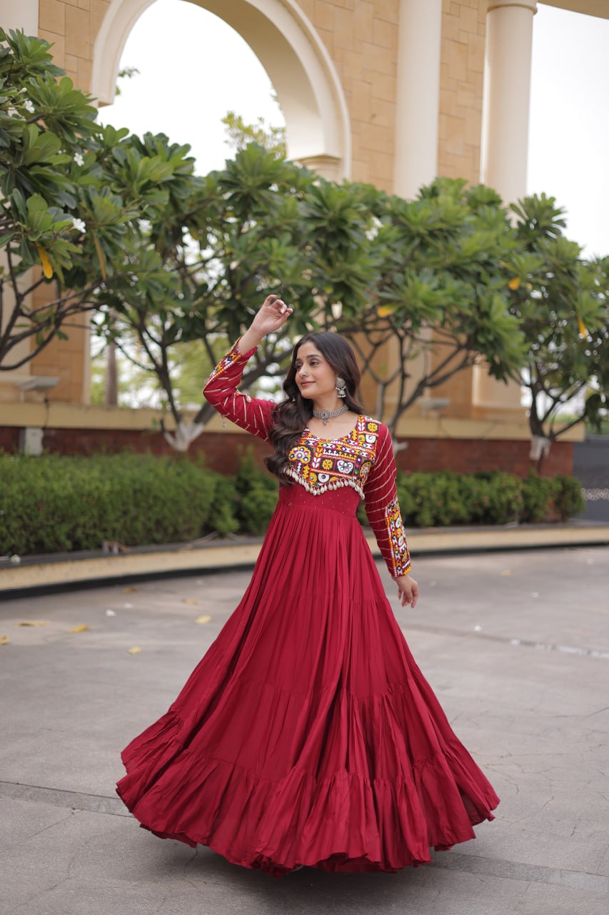 Maroon Gamthi Embroidered Reyon Flared Gown