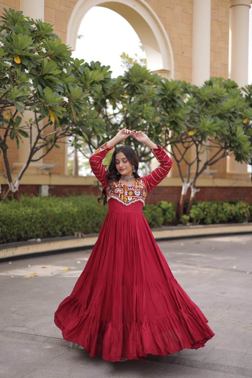 Maroon Gamthi Embroidered Reyon Flared Gown