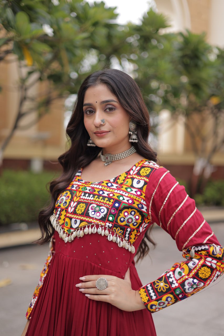 Maroon Gamthi Embroidered Reyon Flared Gown