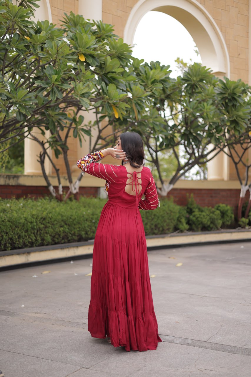 Maroon Gamthi Embroidered Reyon Flared Gown