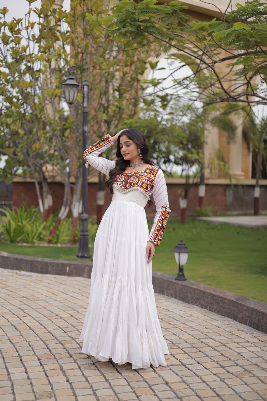White Gamthi Embroidered Reyon Flared Gown