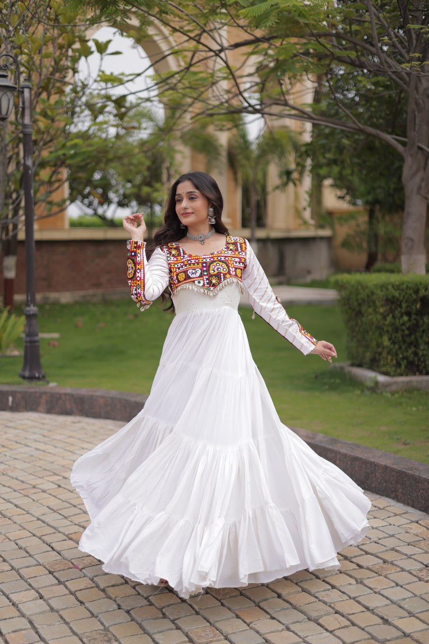 White Gamthi Embroidered Reyon Flared Gown