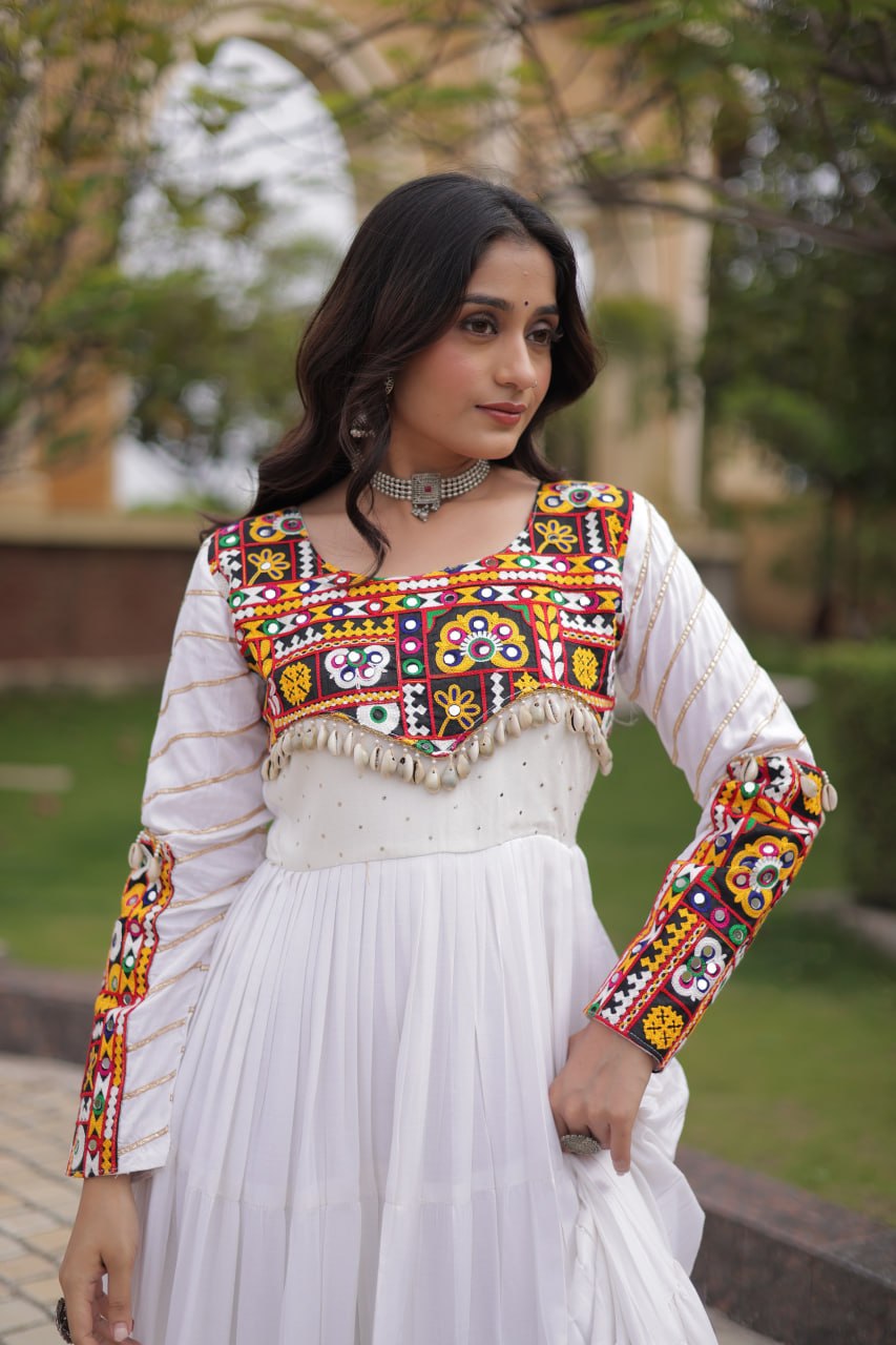 White Gamthi Embroidered Reyon Flared Gown