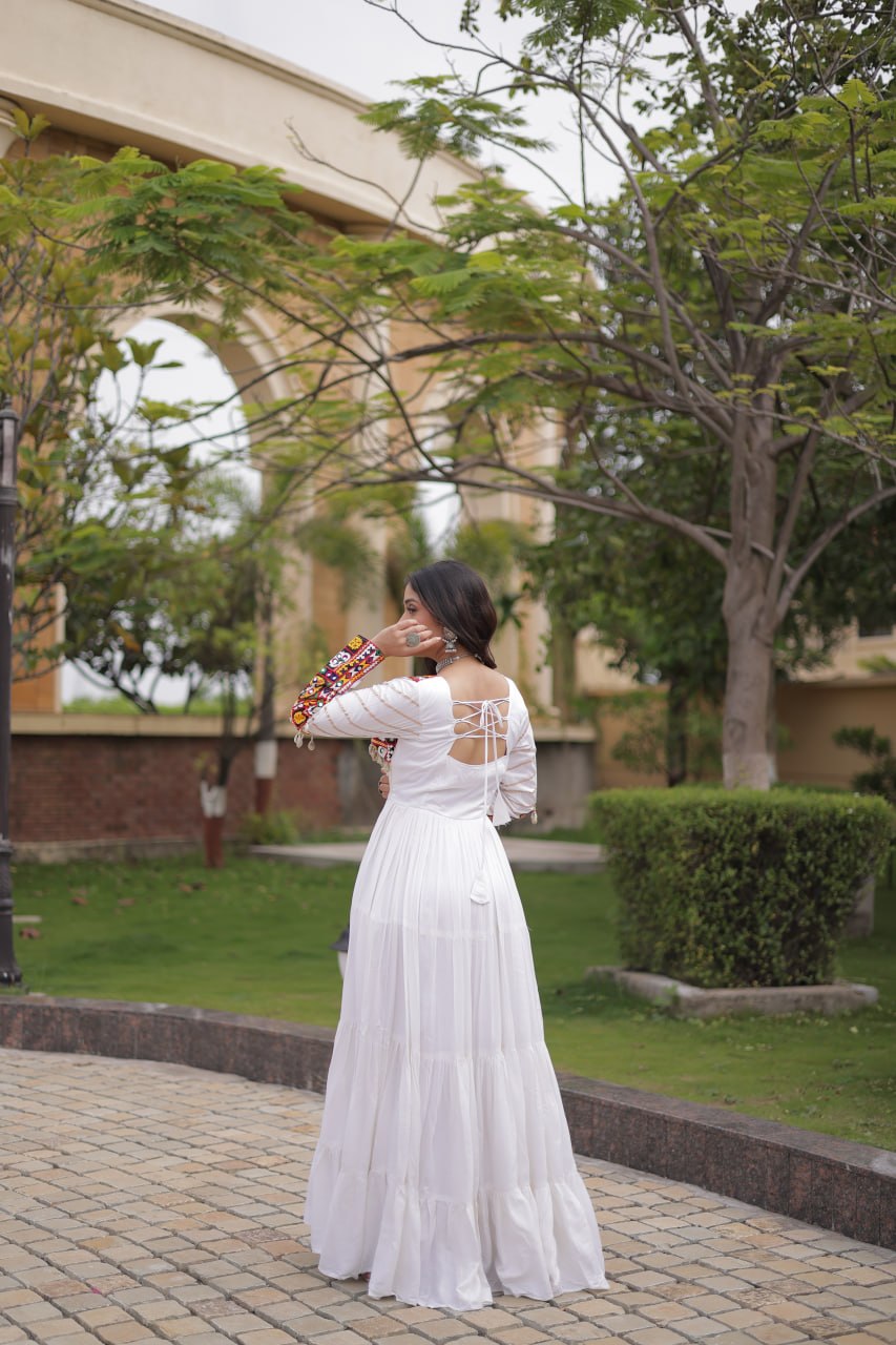 White Gamthi Embroidered Reyon Flared Gown