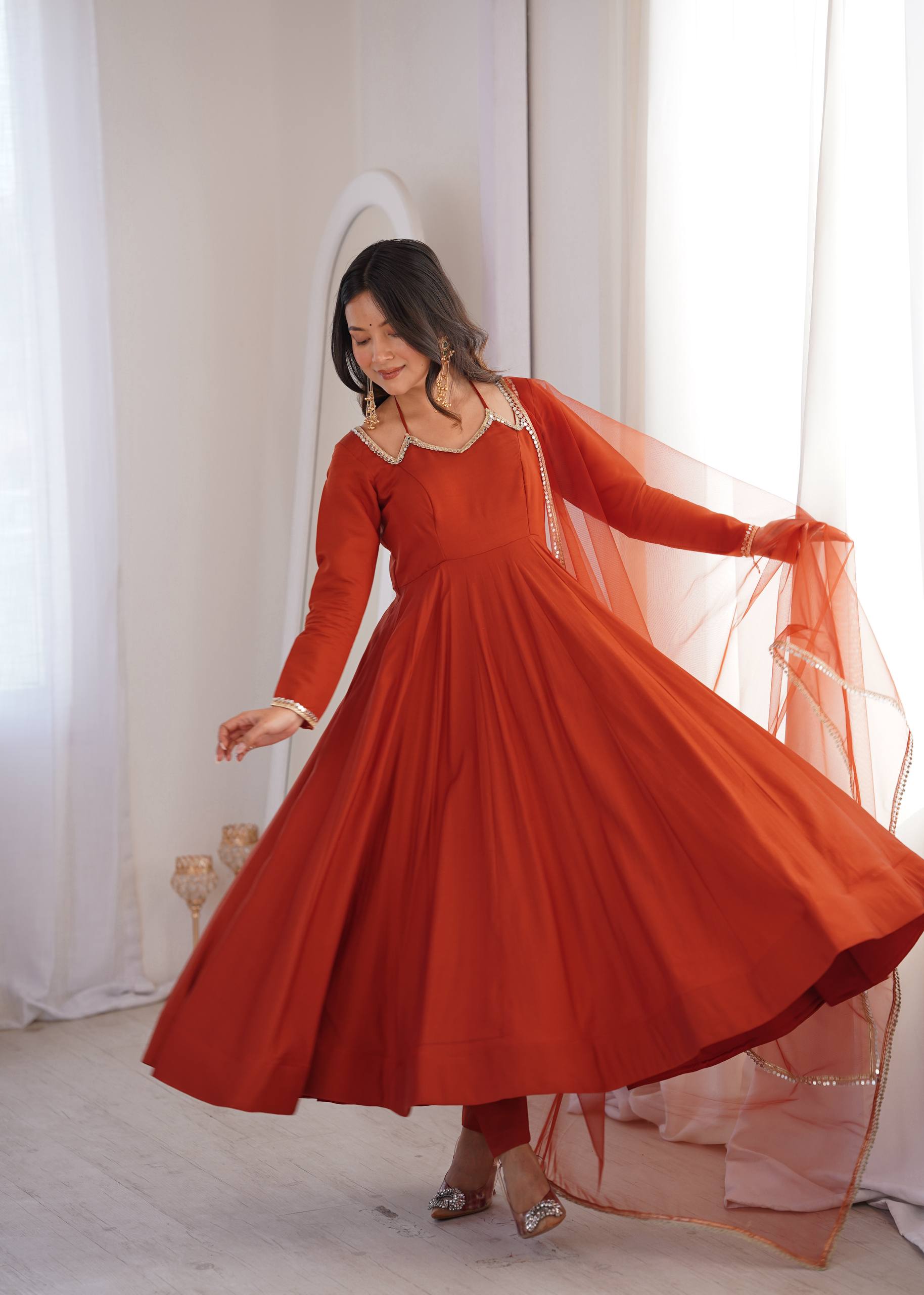 Rust Designer Anarkali Gown Set | Nardev Fashion