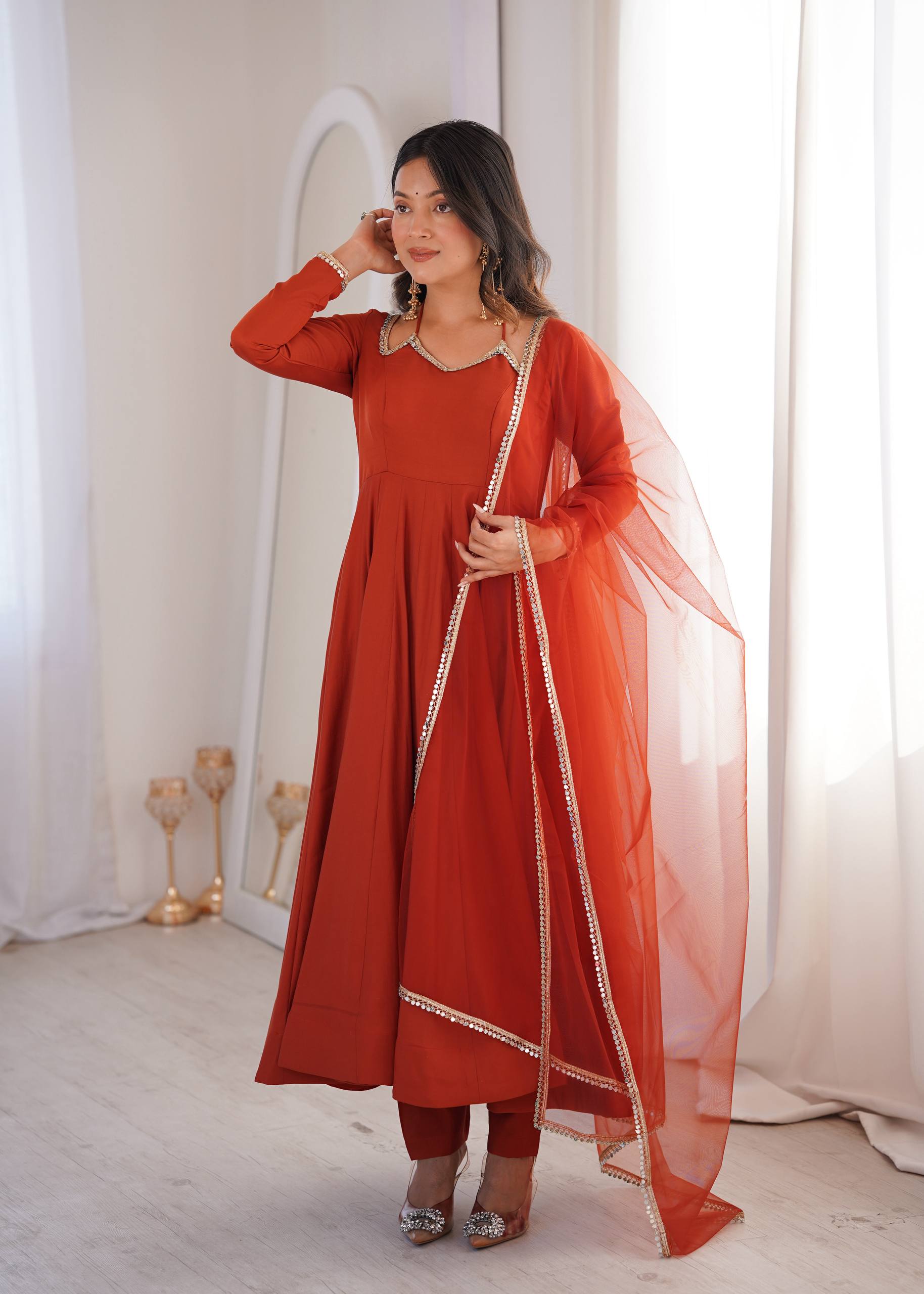 Rust Designer Anarkali Gown Set | Nardev Fashion