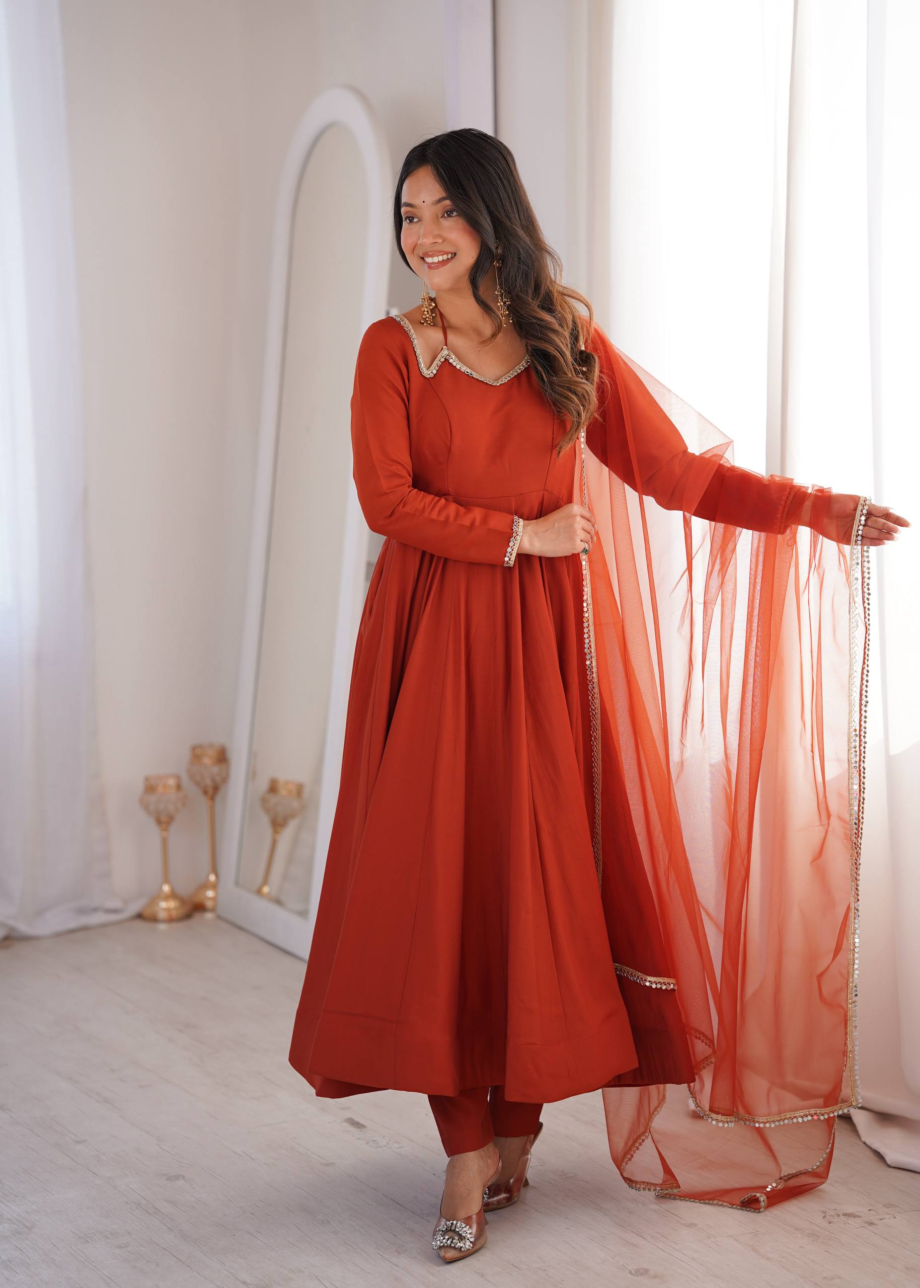 Rust Designer Anarkali Gown Set | Nardev Fashion