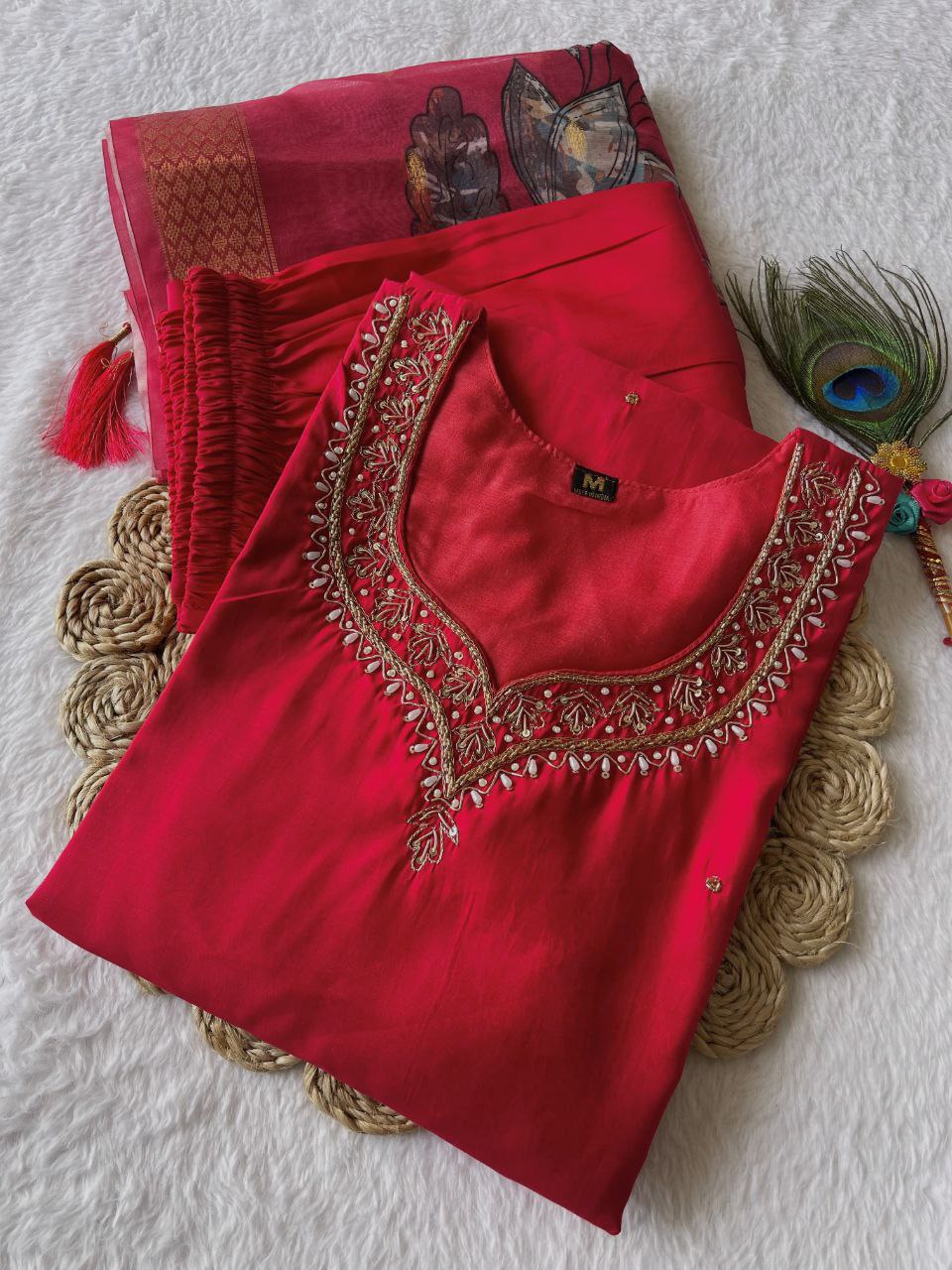 Tometo Red Durga Puja Special Kurta Pant Dupatta Set