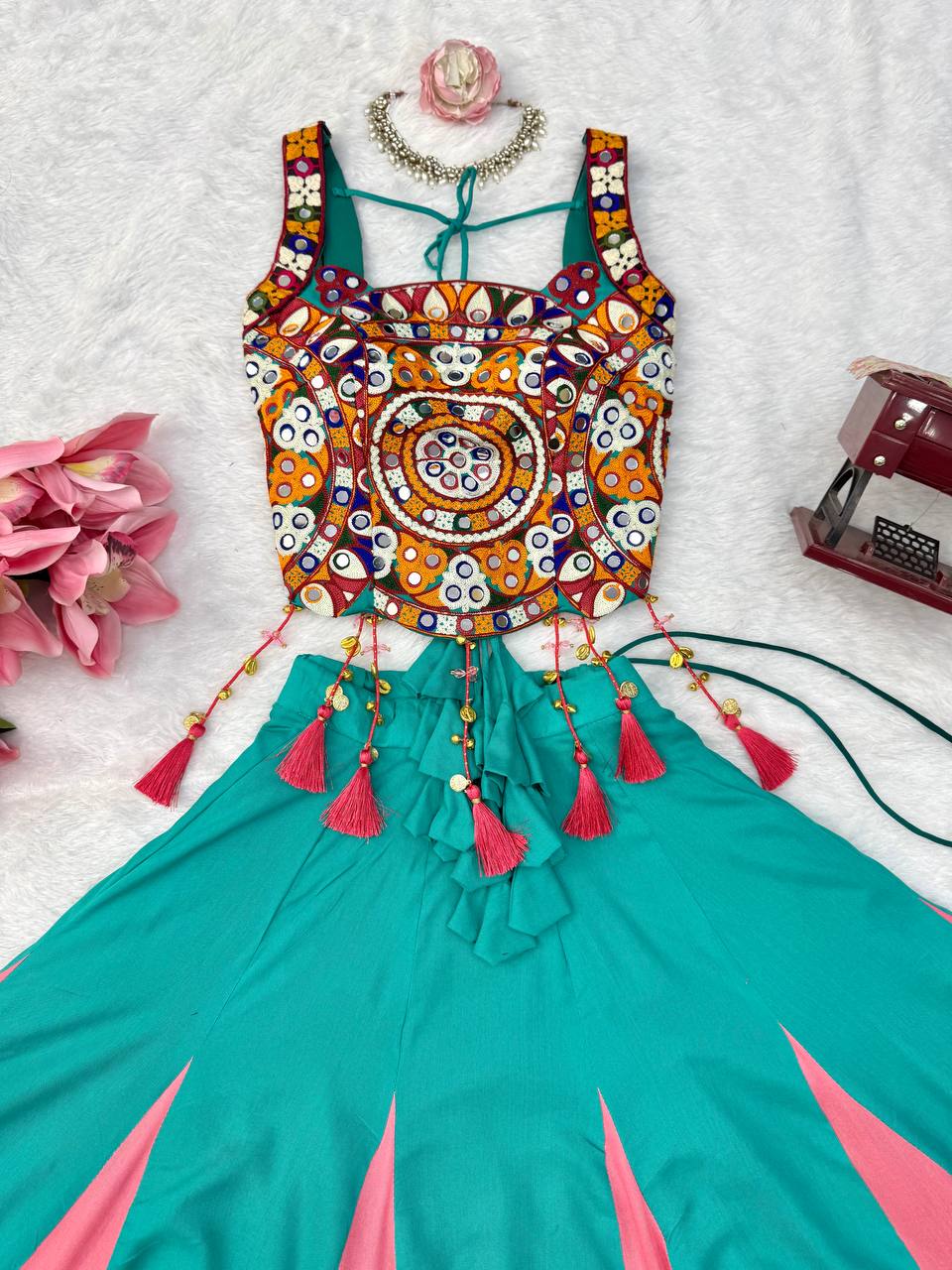 Teal Green Designer Lehenga Choli with Mirror Work, Thread Work & 6 Meter Flair