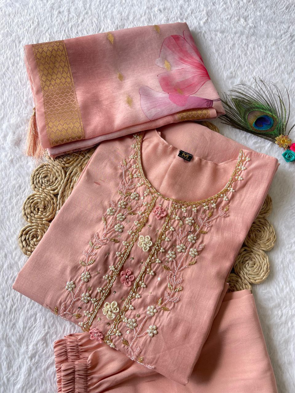 Peach Handwork Kurta Pant Dupatta