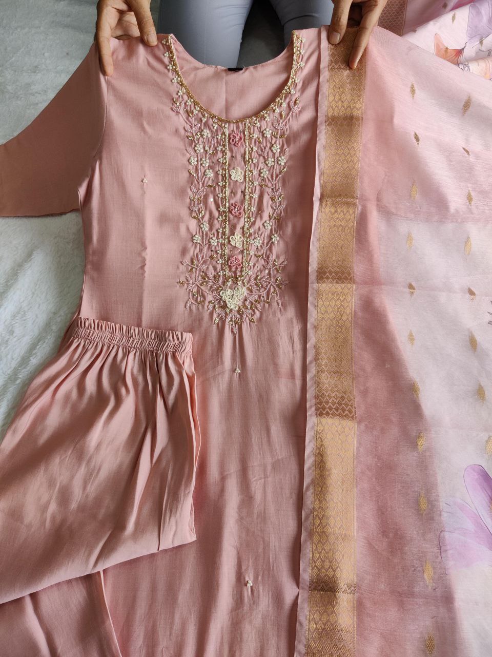 Peach Handwork Kurta Pant Dupatta