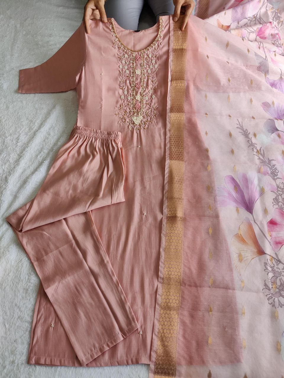 Peach Handwork Kurta Pant Dupatta