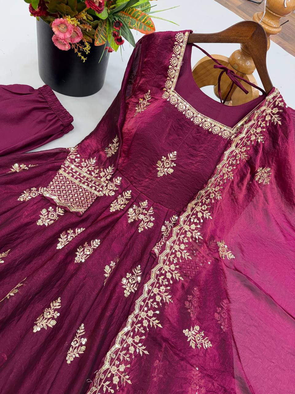 Wine Burgundy Fendy Silk Embroidered Anarkali Gown Set with Dupatta
