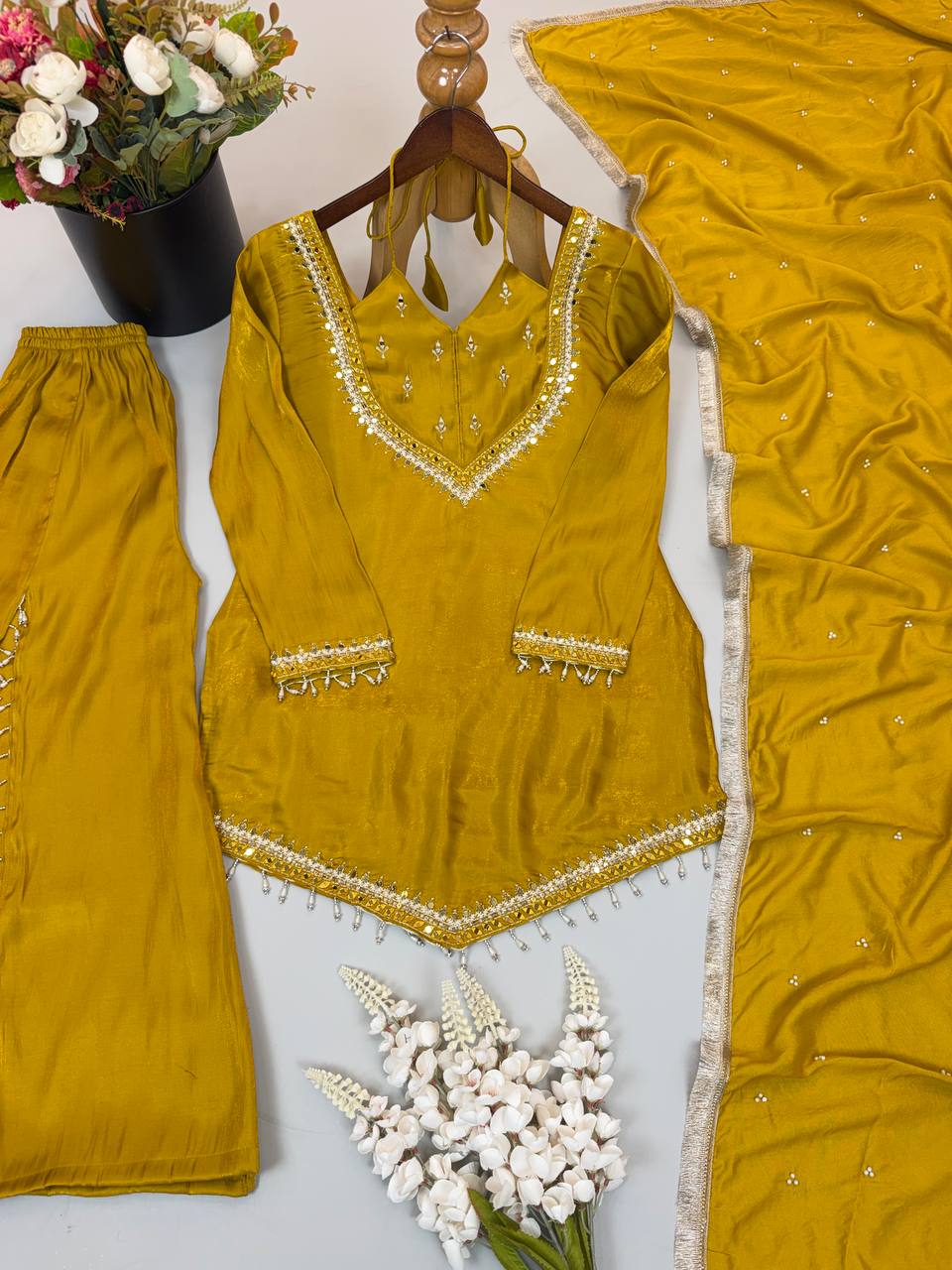 Mustard Yellow Roman Glass Palazzo Suit with Real Mirror Work & Chanderi Silk Dupatta