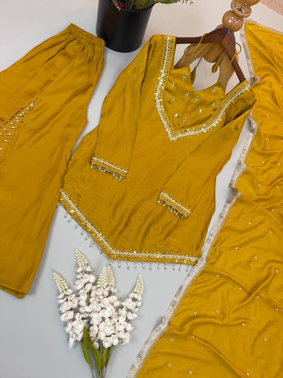 Mustard Yellow Roman Glass Palazzo Suit with Real Mirror Work & Chanderi Silk Dupatta