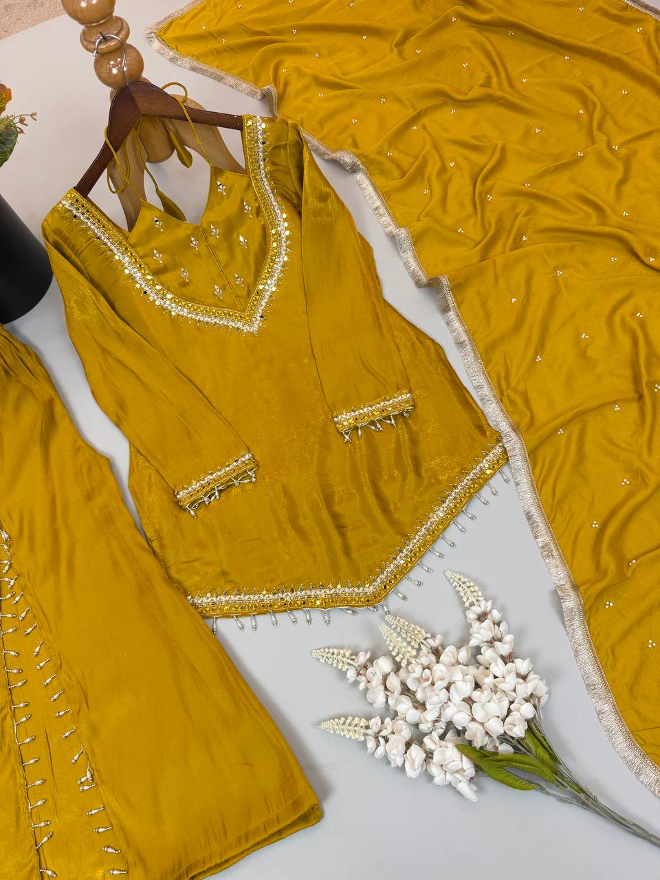 Mustard Yellow Roman Glass Palazzo Suit with Real Mirror Work & Chanderi Silk Dupatta