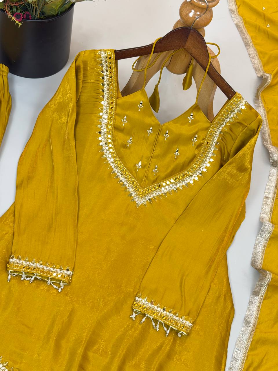 Mustard Yellow Roman Glass Palazzo Suit with Real Mirror Work & Chanderi Silk Dupatta