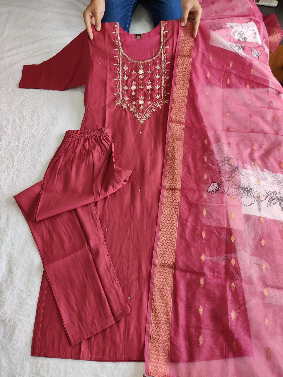 Indian Red Handwork Kurta Pant Dupatta