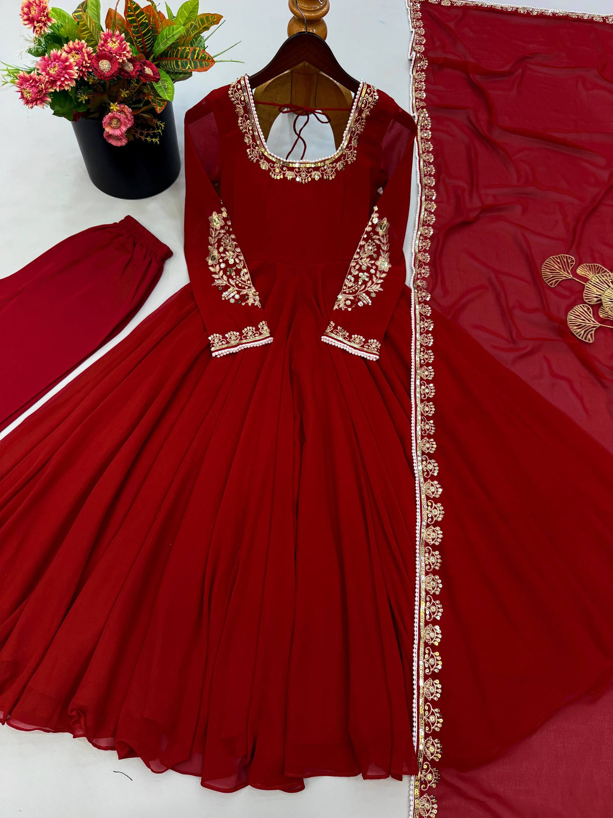 Ruby Red Fox Georgette Embroidered Anarkali Gown Set with Dupatta