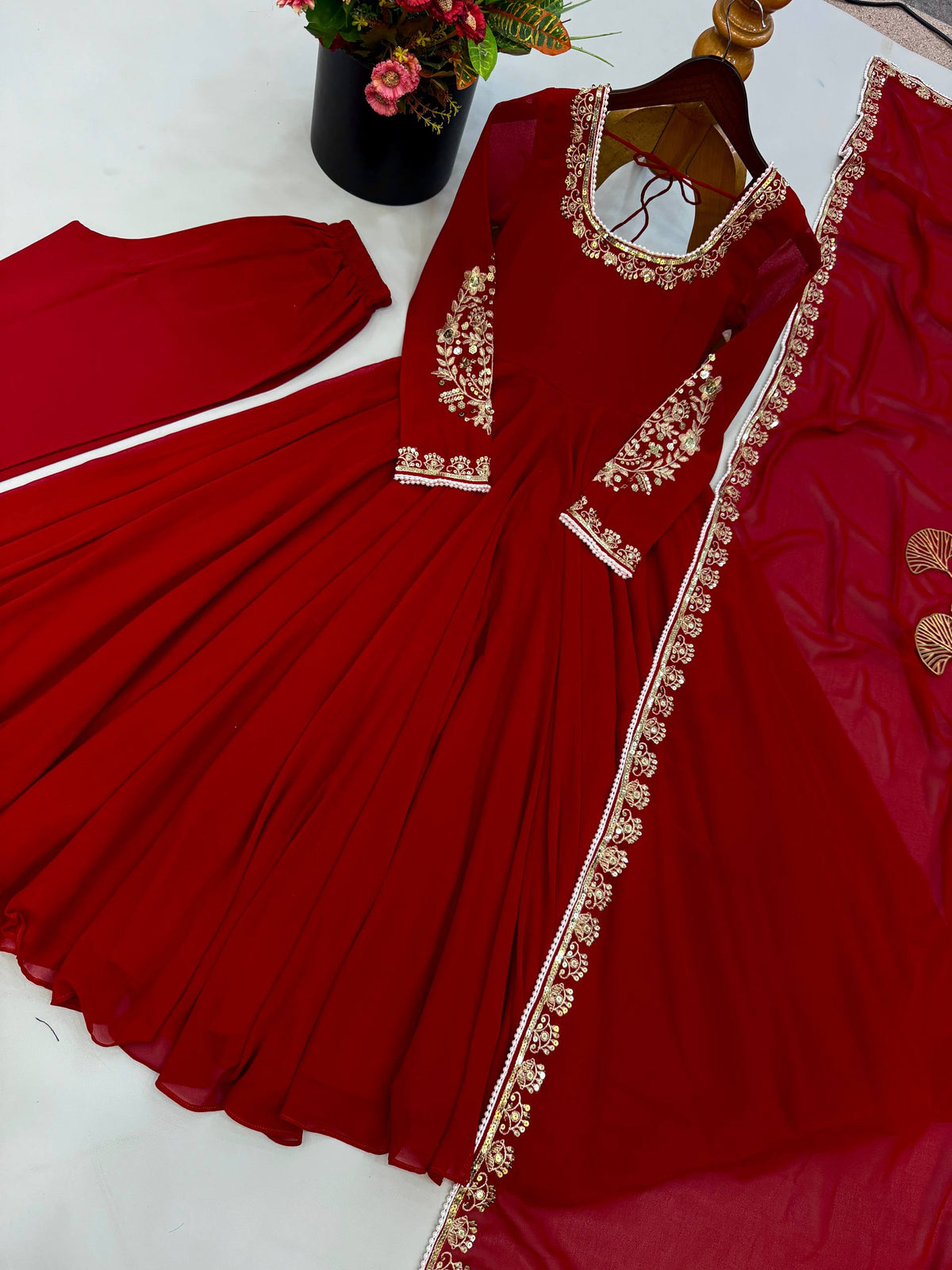 Ruby Red Fox Georgette Embroidered Anarkali Gown Set with Dupatta