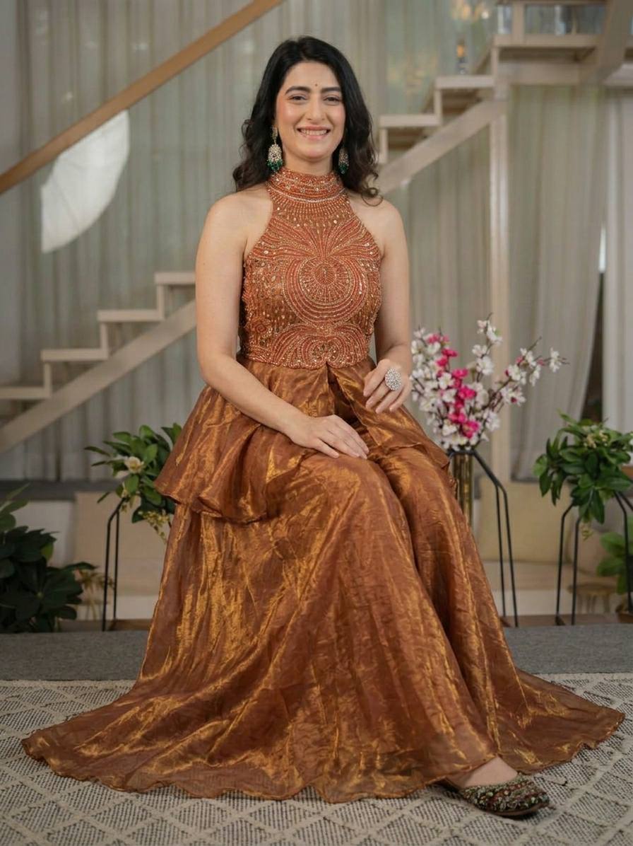 Rust Copper Heavy Fandy Silk Handwork Sharara Plazzo Set