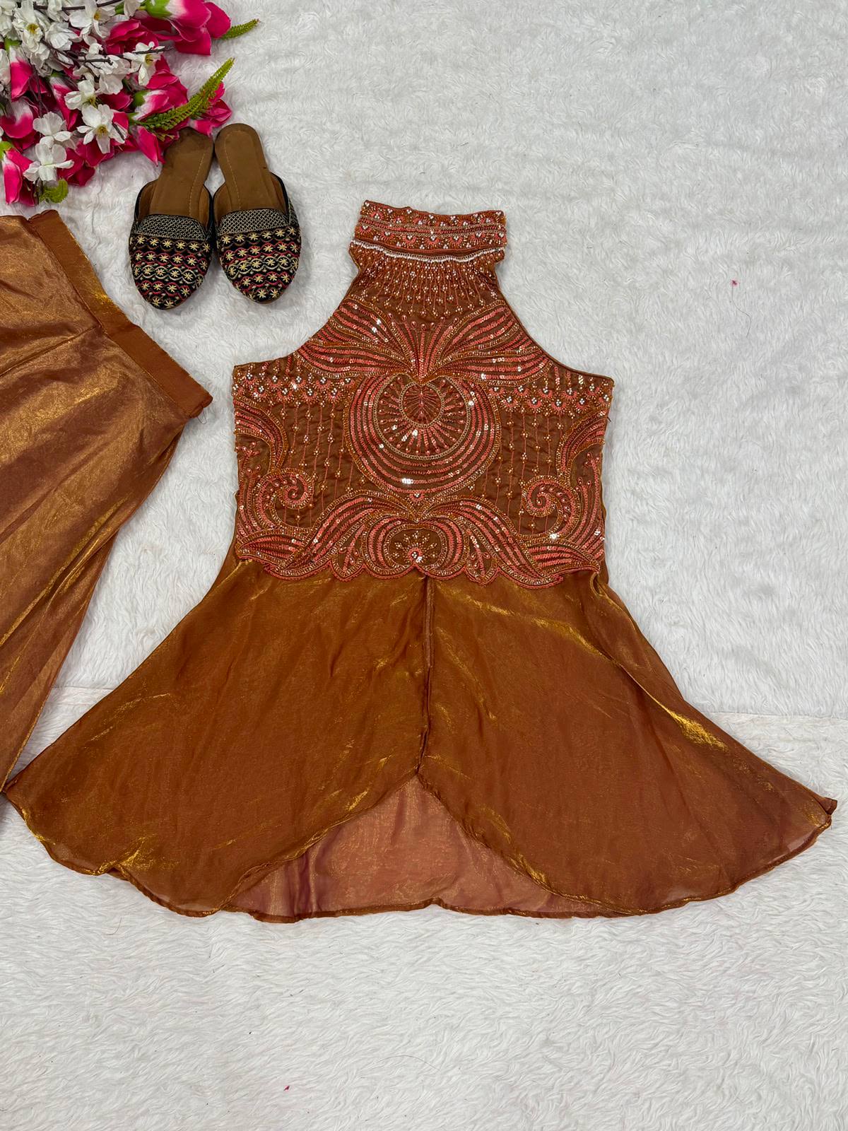 Rust Copper Heavy Fandy Silk Handwork Sharara Plazzo Set