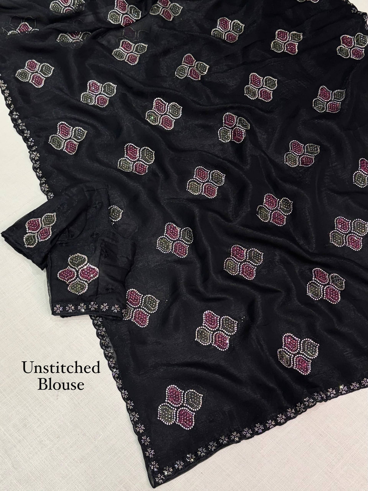 Black Melbourne Shimmer Silk Kashmiri Embroidered Saree with Swarovski Work
