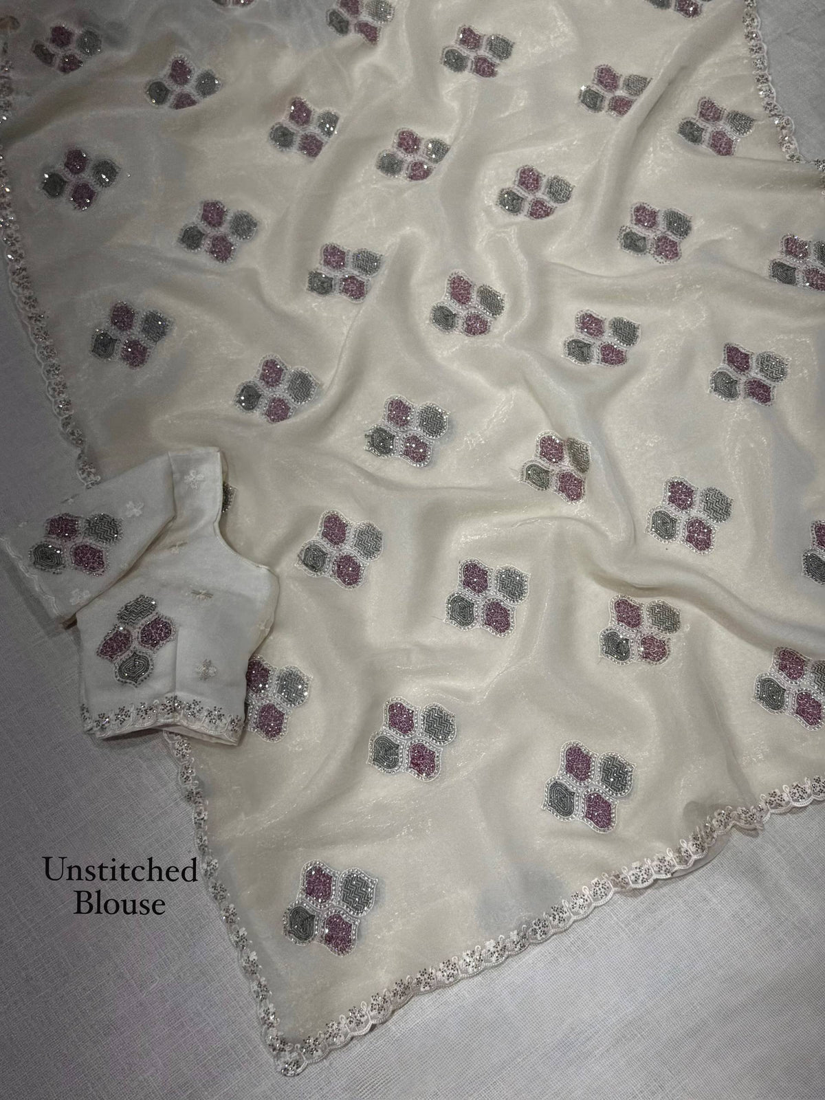 Ivory White Melbourne Shimmer Silk Kashmiri Embroidered Saree with Swarovski Work