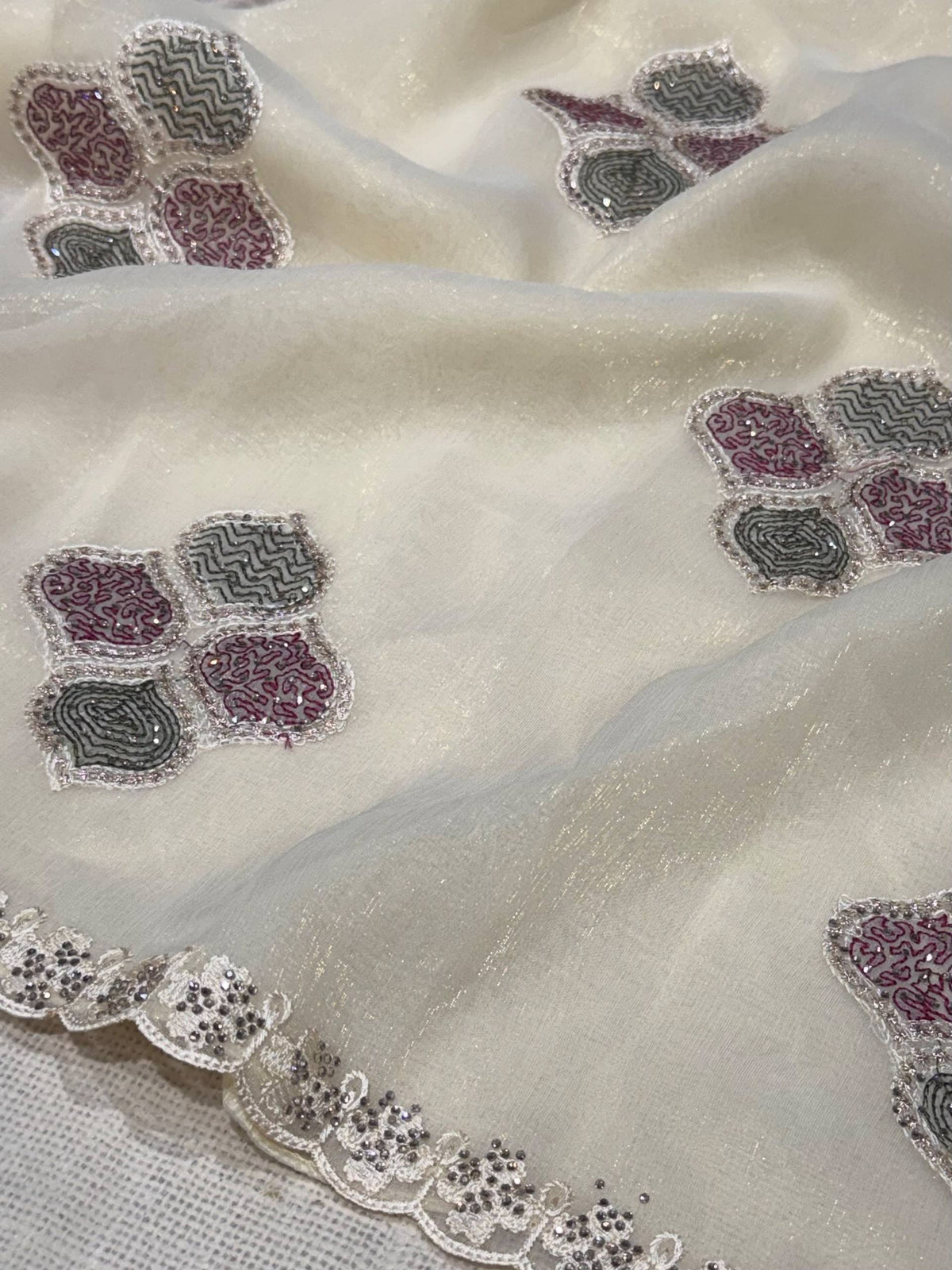 Ivory White Melbourne Shimmer Silk Kashmiri Embroidered Saree with Swarovski Work